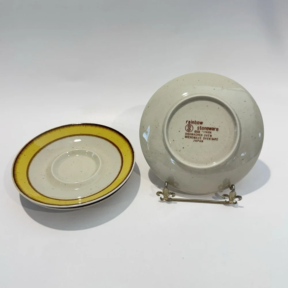 Vintage‎ Rainbow Stoneware Citron Yellow Rim Speckled Pattern 3pc Saucer Plates